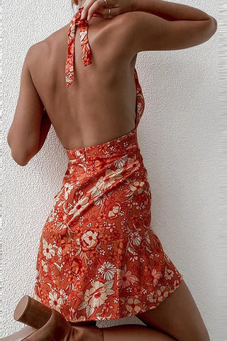 Print Halter Neck Backless Mini Dress