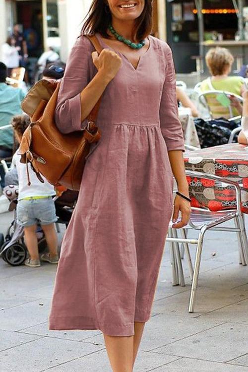 Linen V Neck Seven Sleeves Midi Dress