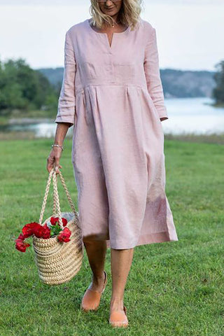 Linen V Neck Seven Sleeves Midi Dress