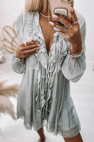 Flowing Ruffles V Neck Mini Dress