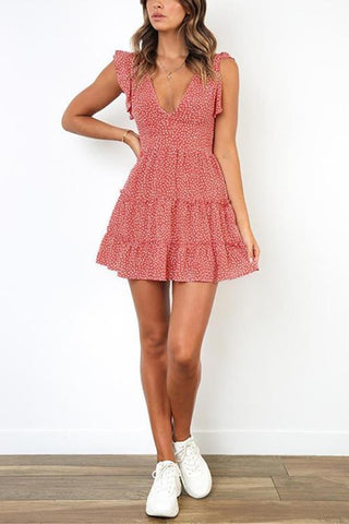 Print Deep V Neck Mini Dress