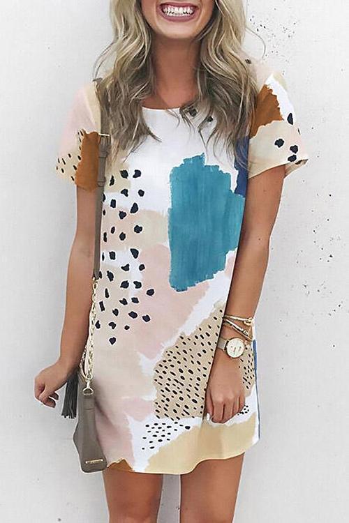 Print Patchwork O Neck T Shirt Dress