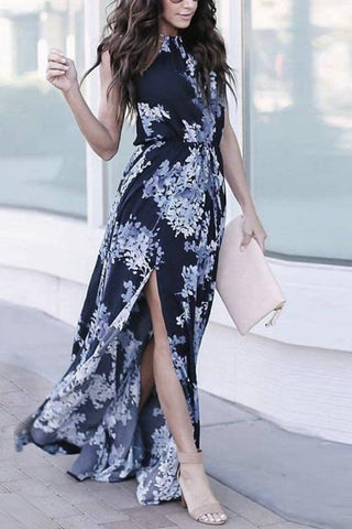 Floral Print Slit Sleeveless Maxi Dress