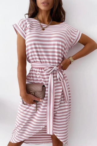 Stripe O Neck Slit Hem Belted Dress