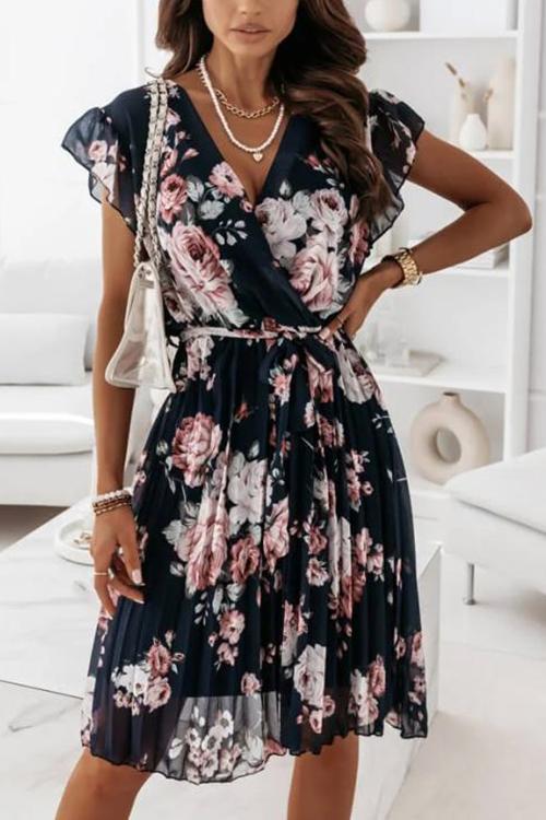 Floral Print V Neck Dress