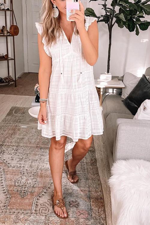 Ruffles Hollow V Neck Mini Dress