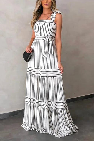 Stripe Bow Tie Belted Maxi Dress