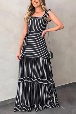 Stripe Bow Tie Belted Maxi Dress