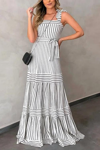 Stripe Bow Tie Belted Maxi Dress