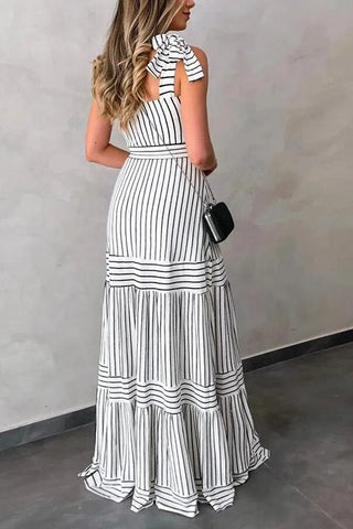 Stripe Bow Tie Belted Maxi Dress