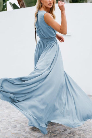 V Neck Sleeveless Slit Wrap Maxi Dress