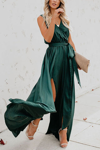 V Neck Sleeveless Slit Wrap Maxi Dress