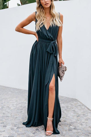 V Neck Sleeveless Slit Wrap Maxi Dress