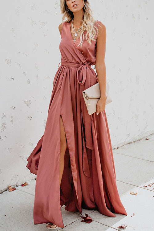 V Neck Sleeveless Slit Wrap Maxi Dress