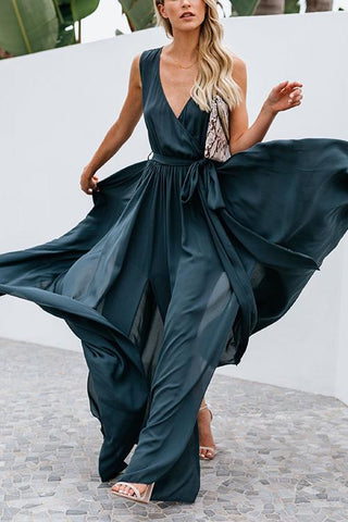 V Neck Sleeveless Slit Wrap Maxi Dress