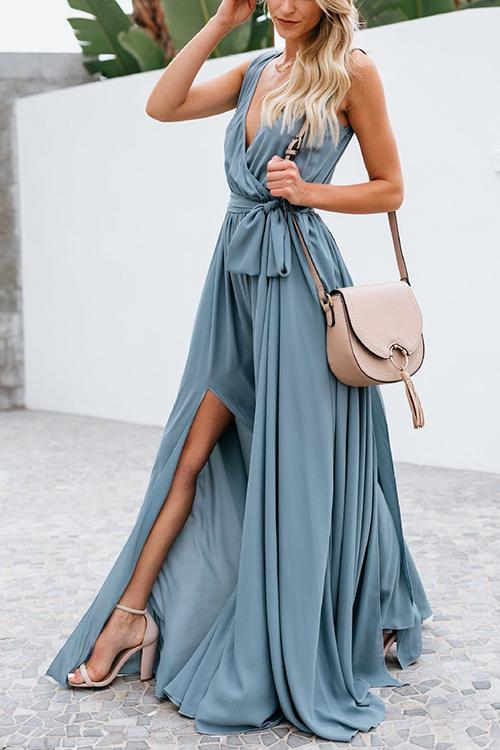 V Neck Sleeveless Slit Wrap Maxi Dress