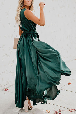 V Neck Sleeveless Slit Wrap Maxi Dress