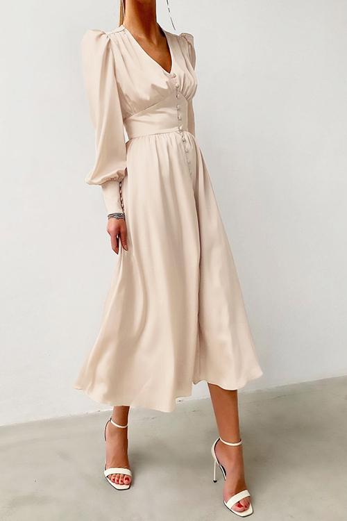 Satin Button Puff Long Sleeve Dress