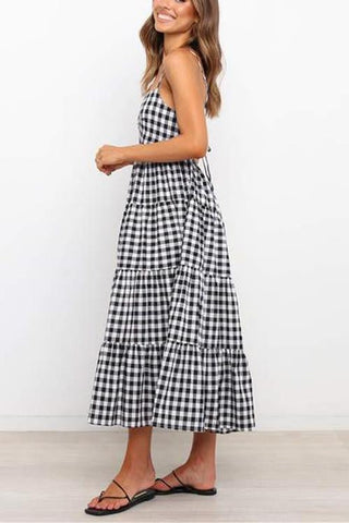 Plaid Backless Slip Maxi Dress