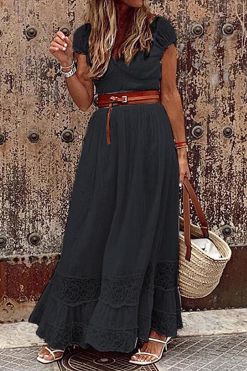 Lace V Neck Short Sleeve Maxi Dress