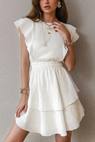 Ruffle Trim Ruched Waist Layered Hem Dress