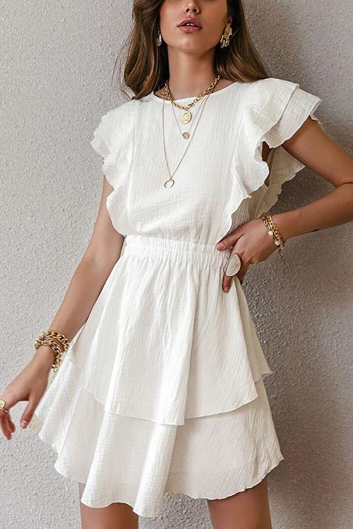 Ruffle Trim Ruched Waist Layered Hem Dress