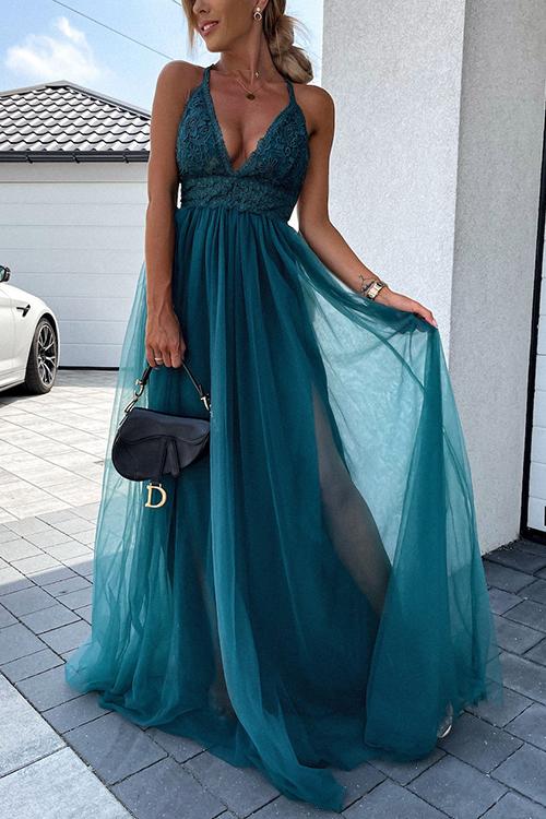 Lace Mesh Bow Backless Slip Maxi Dress