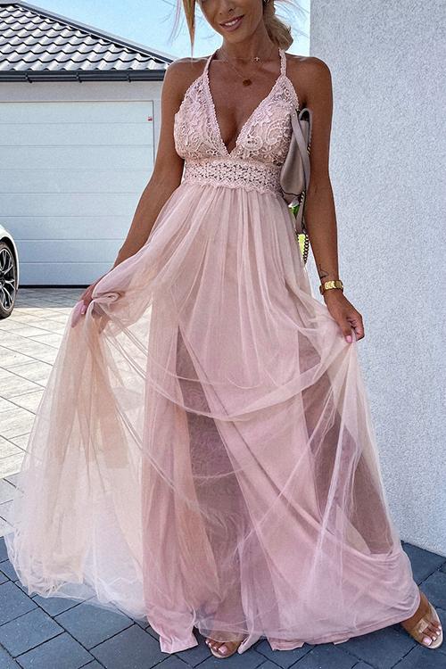 Lace Mesh Bow Backless Slip Maxi Dress