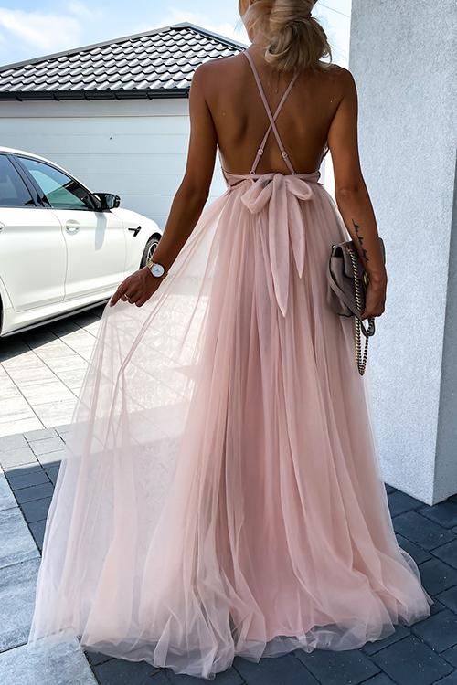 Lace Mesh Bow Backless Slip Maxi Dress