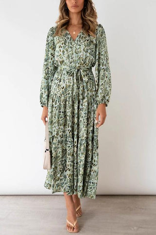 Print Belted Long Sleeve Maxi Dress