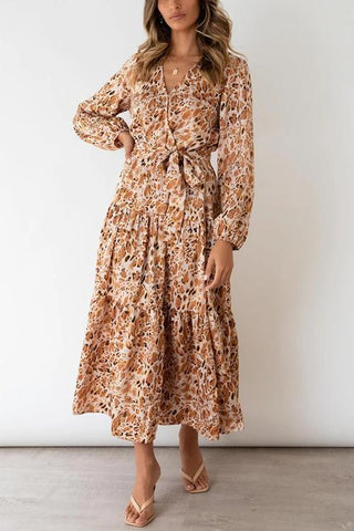 Print Belted Long Sleeve Maxi Dress