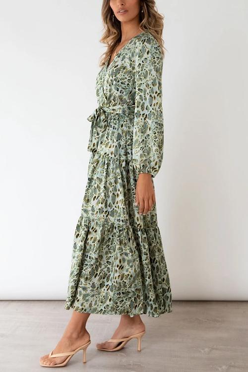 Print Belted Long Sleeve Maxi Dress