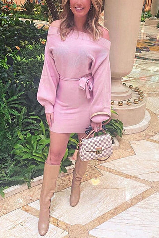 Off Shoulder Balloon Sleeve Knit Dress