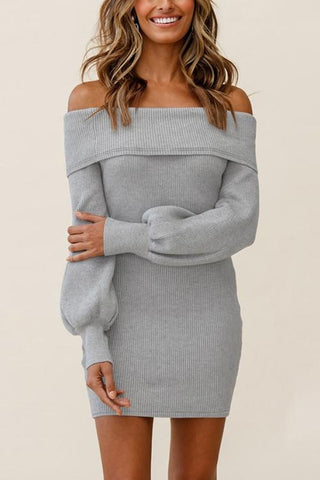 Off Shoulder Balloon Sleeve Knit Dress