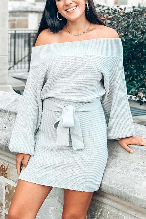 Off Shoulder Balloon Sleeve Knit Dress