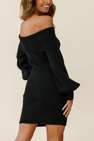 Off Shoulder Balloon Sleeve Knit Dress