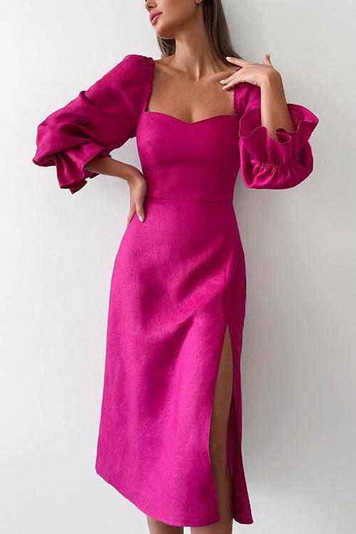 Rose Square Neck Slit Midi Dress