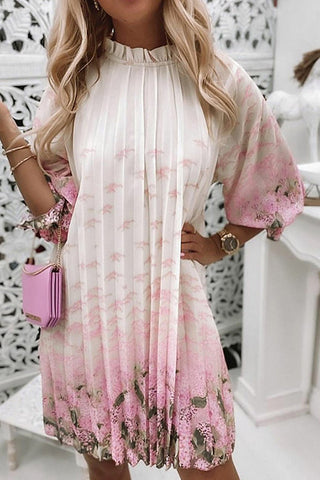 Floral Print Ruffle Trim Pleated Dress