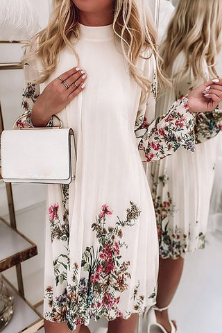 Floral Print Ruffle Trim Pleated Dress