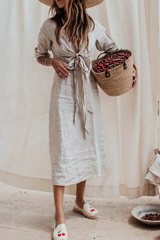 Knot V Neck Linen Dress