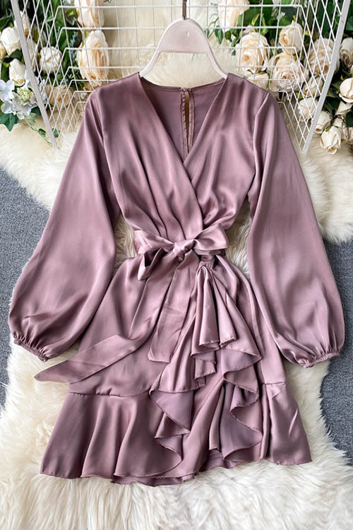 Surplice Front Belted Layered Dress