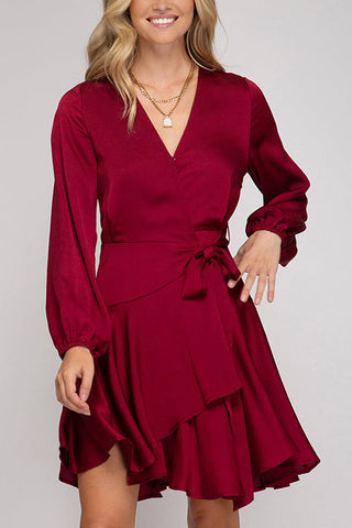 Surplice Front Belted Layered Dress