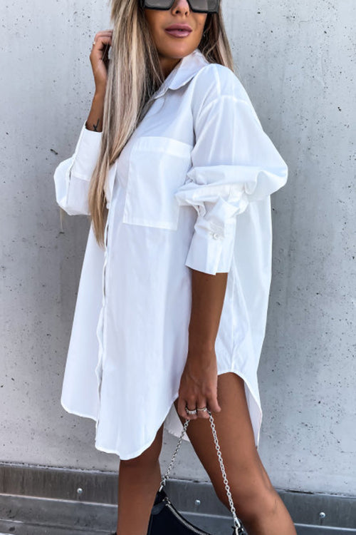 Button Pockets Oversized Shirt Dress