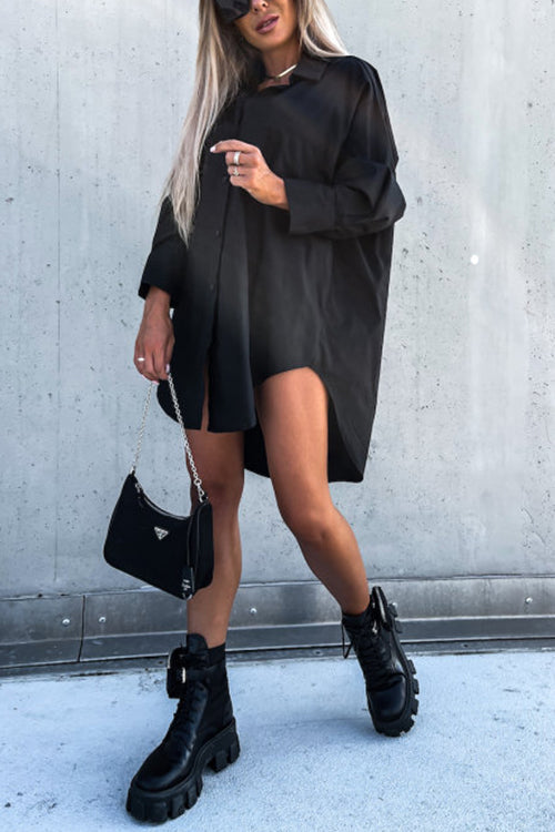 Button Pockets Oversized Shirt Dress