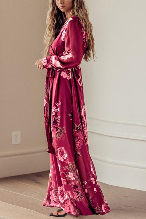 Timeless Floral Print Long Sleeve Wrap Maxi Dress