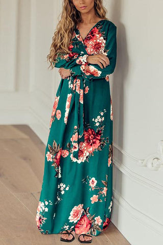 Timeless Floral Print Long Sleeve Wrap Maxi Dress