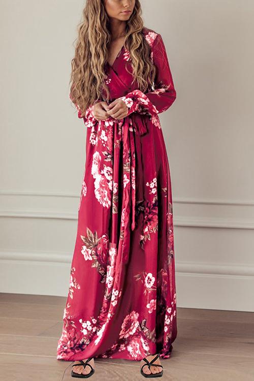 Timeless Floral Print Long Sleeve Wrap Maxi Dress