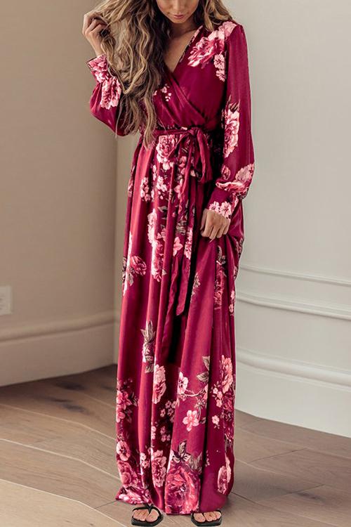 Timeless Floral Print Long Sleeve Wrap Maxi Dress