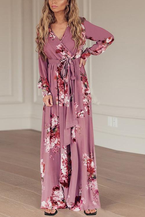 Timeless Floral Print Long Sleeve Wrap Maxi Dress