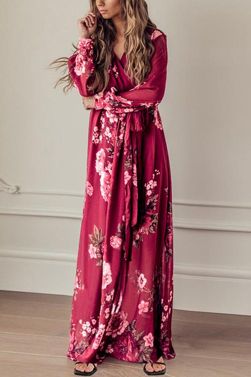 Timeless Floral Print Long Sleeve Wrap Maxi Dress